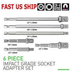 6 pc 6″ & 3″ Impact Grade Socket Adapter Set 1/4″ 3/8″ 1/2″ Drive 1/4″ Hex Shank