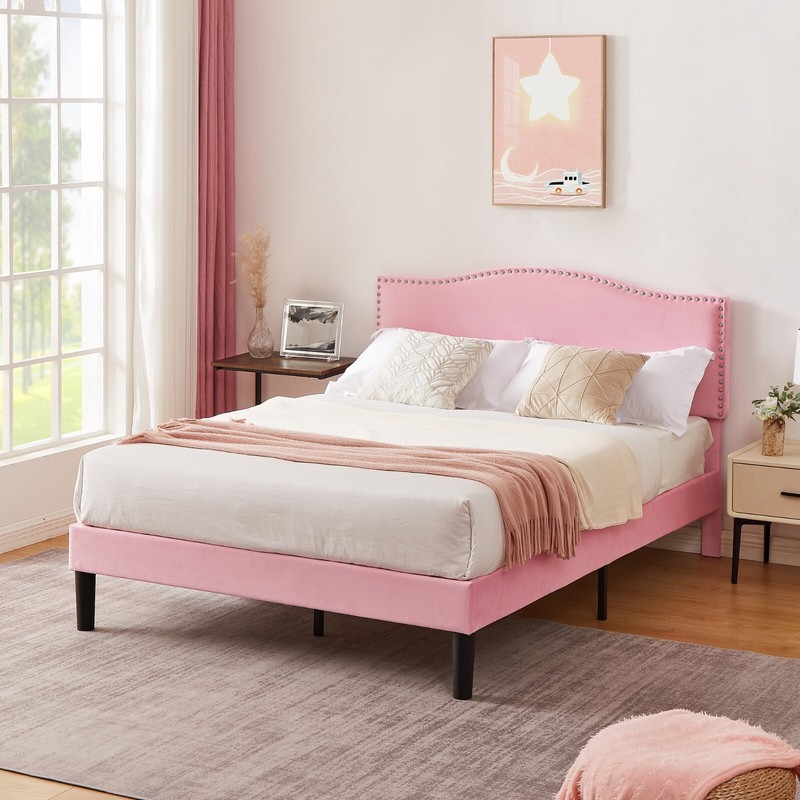 Bed Frame w/ Adjustable Fabric Headboard Twin/Full/Queen Size Wood Slat Support gallery