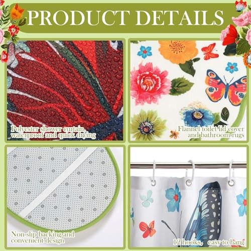 4pcs Spring Shower Curtain Set Spring Boho Floral Bathroom Decor Floral gallery