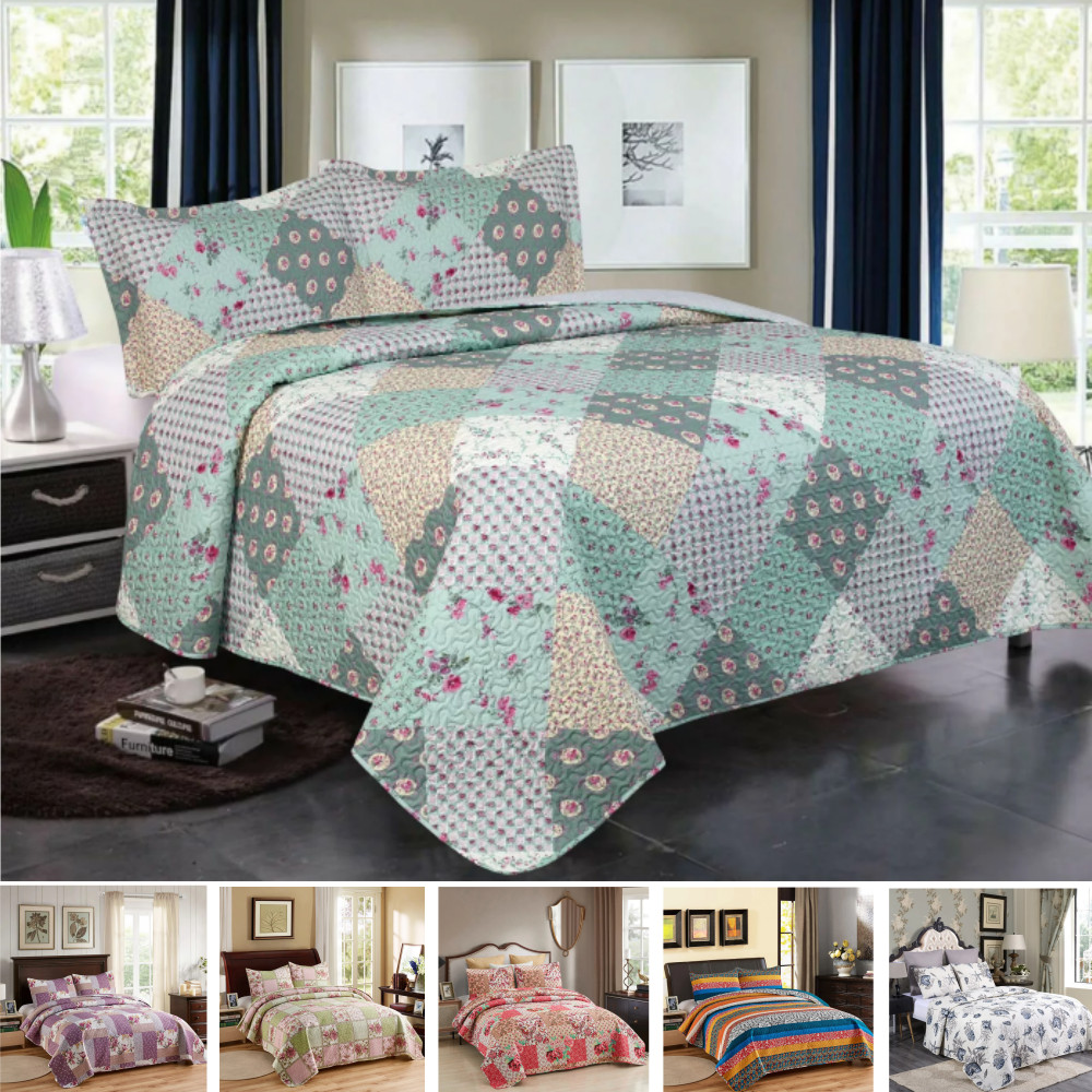 3PCS Queen King Quilt Bedspread Set Floral Patchwork Reversible Coverlet Bedding gallery