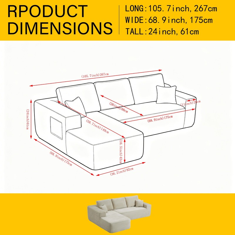 105" Cloud Sectional Couch with L-Shape Chaise,Modern Modular Sofa with Deep Sea gallery