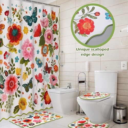 4pcs Spring Shower Curtain Set Spring Boho Floral Bathroom Decor Floral gallery
