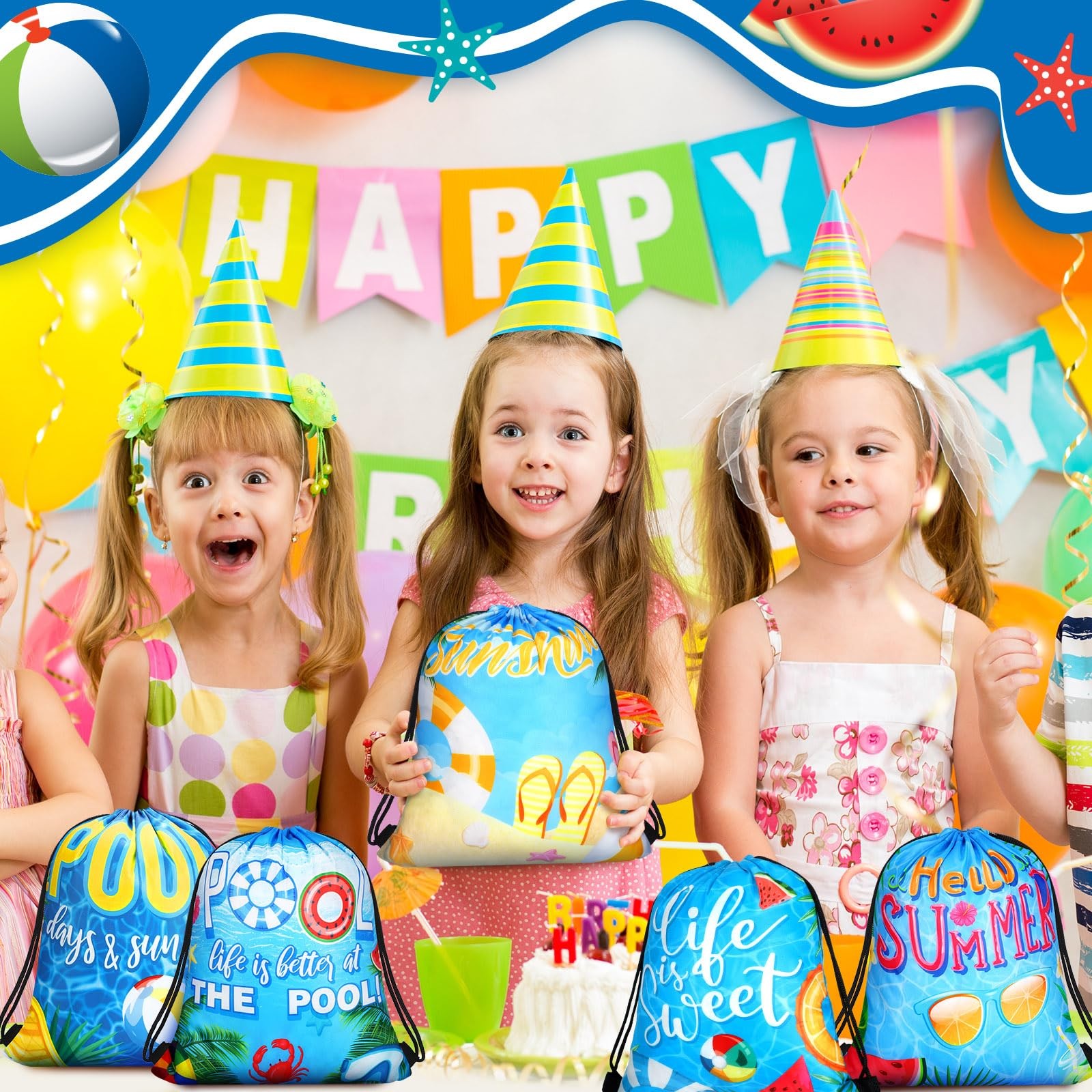 Shappy 24 Pieces Summer Pool Party Drawstring Bags Inches, As Pictures Shown gallery