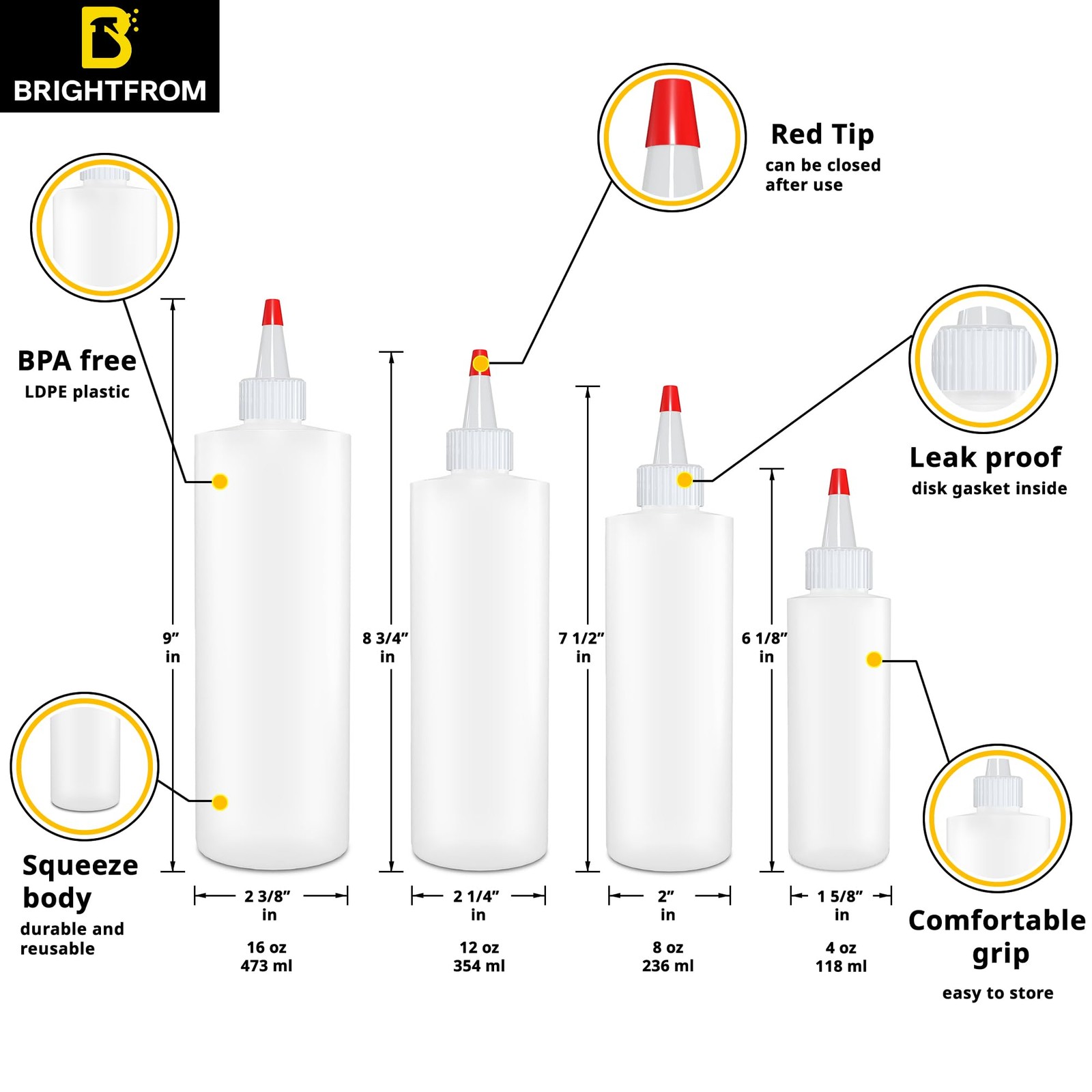 BRIGHTFROM Condiment Squeeze Bottles, SET OF 4-16/12/8/4 OZ, Empty Squirt... gallery