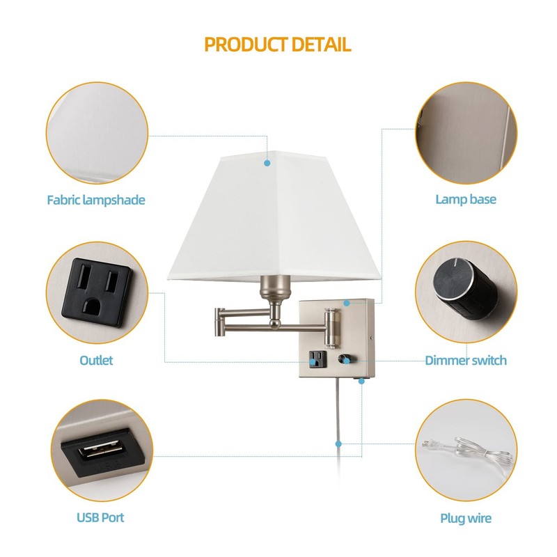 Plug in Wall Light,Swing Arm Wall Sconces with USB Port and Outlet,Wall Lamp ... gallery
