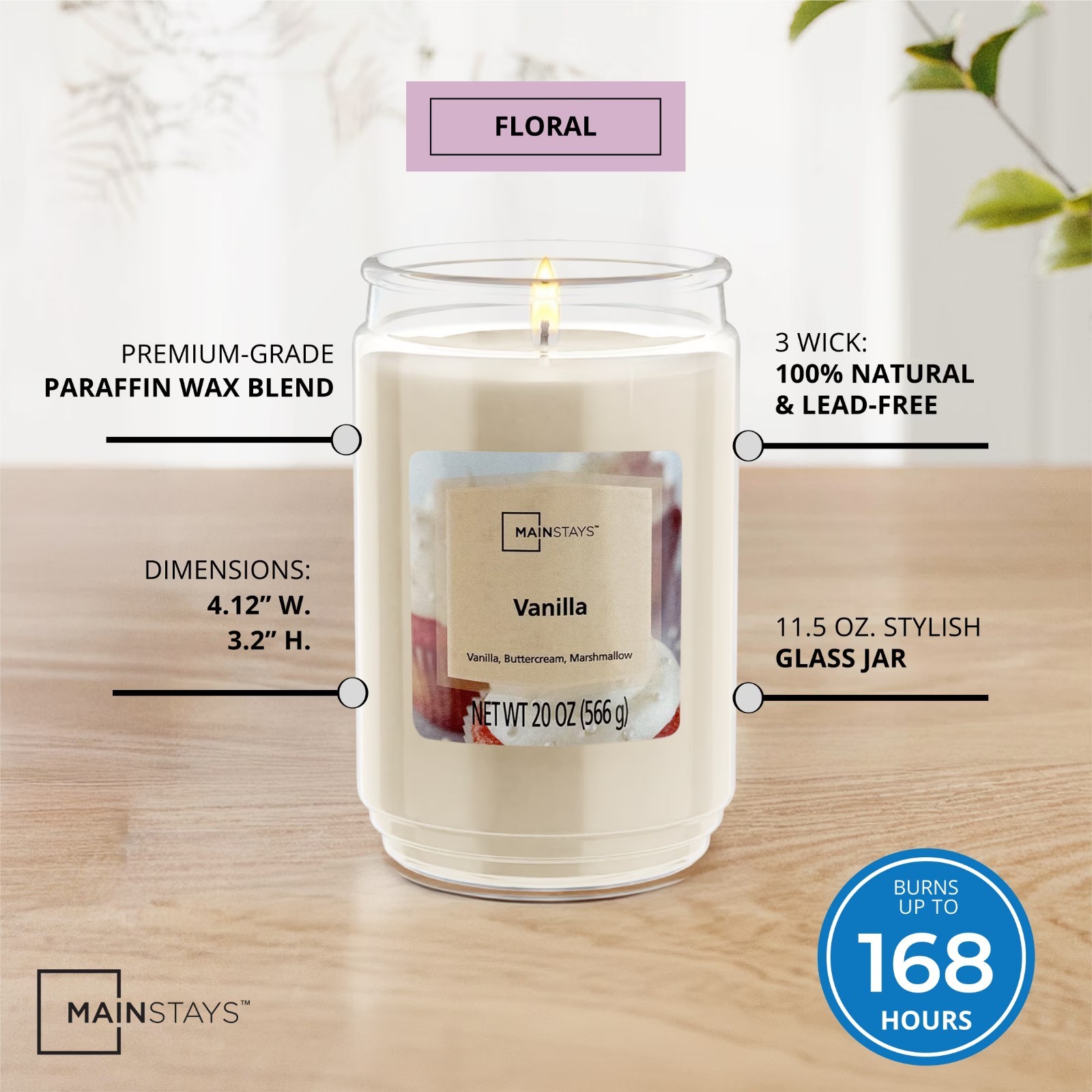 Mainstays Vanilla Scented Single-Wick Large Glass Jar Candle, 20 oz gallery