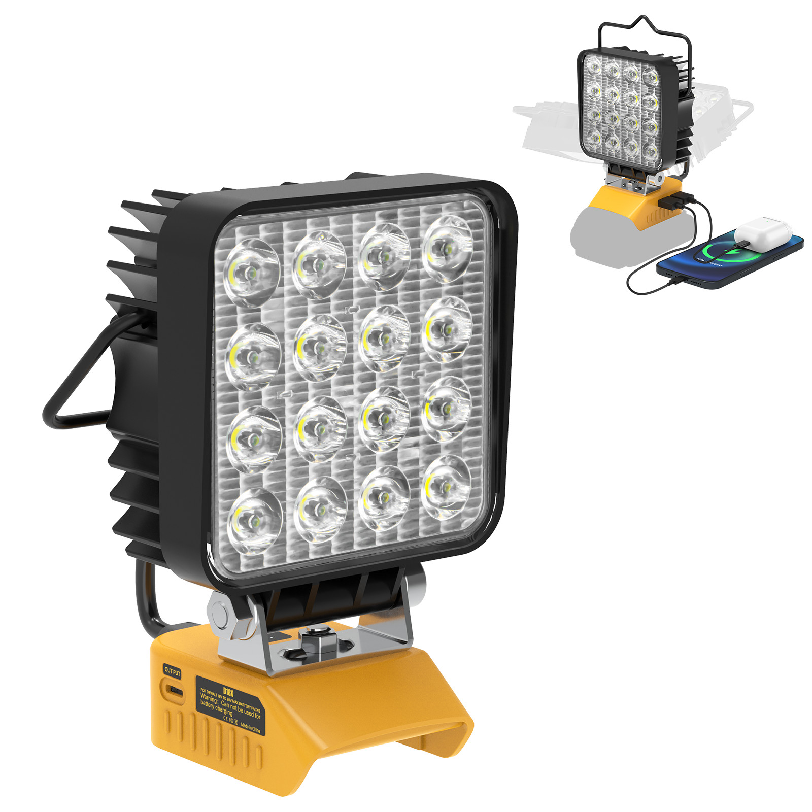 60W 6000LM LED Work Light for Dewalt 20V Battery + 3-Port USB Charger QC PD gallery