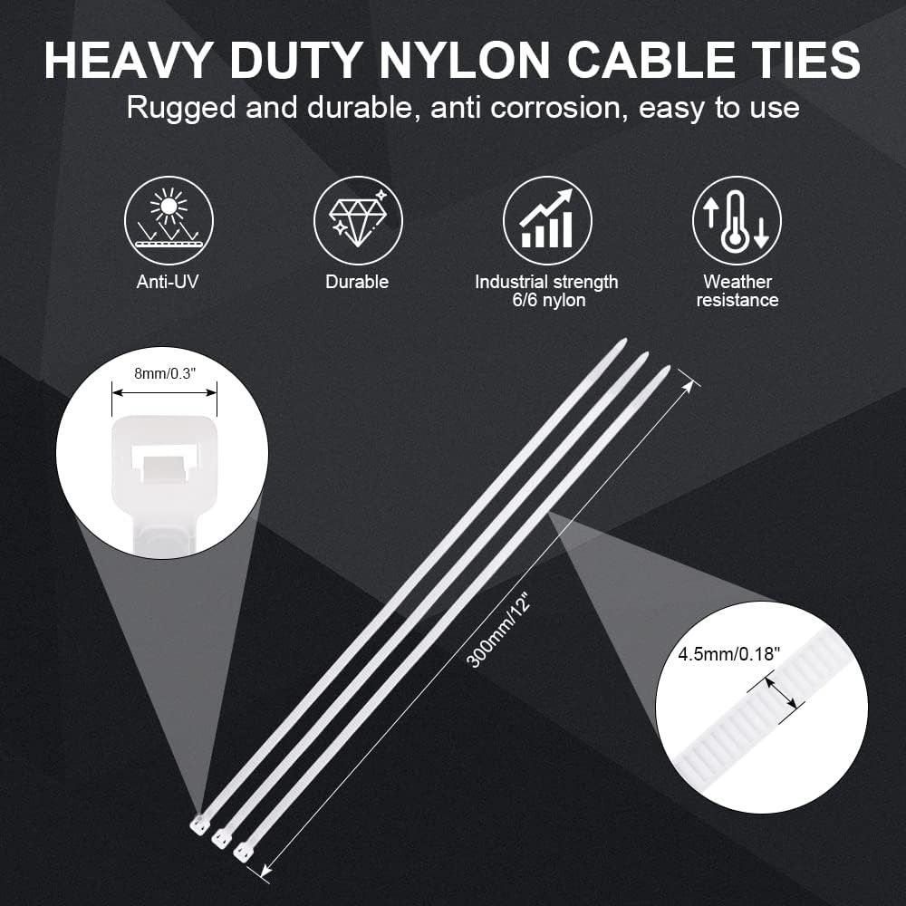 12 Inch Zip Cable Ties (100 Pieces), Self-Locking 12" White gallery