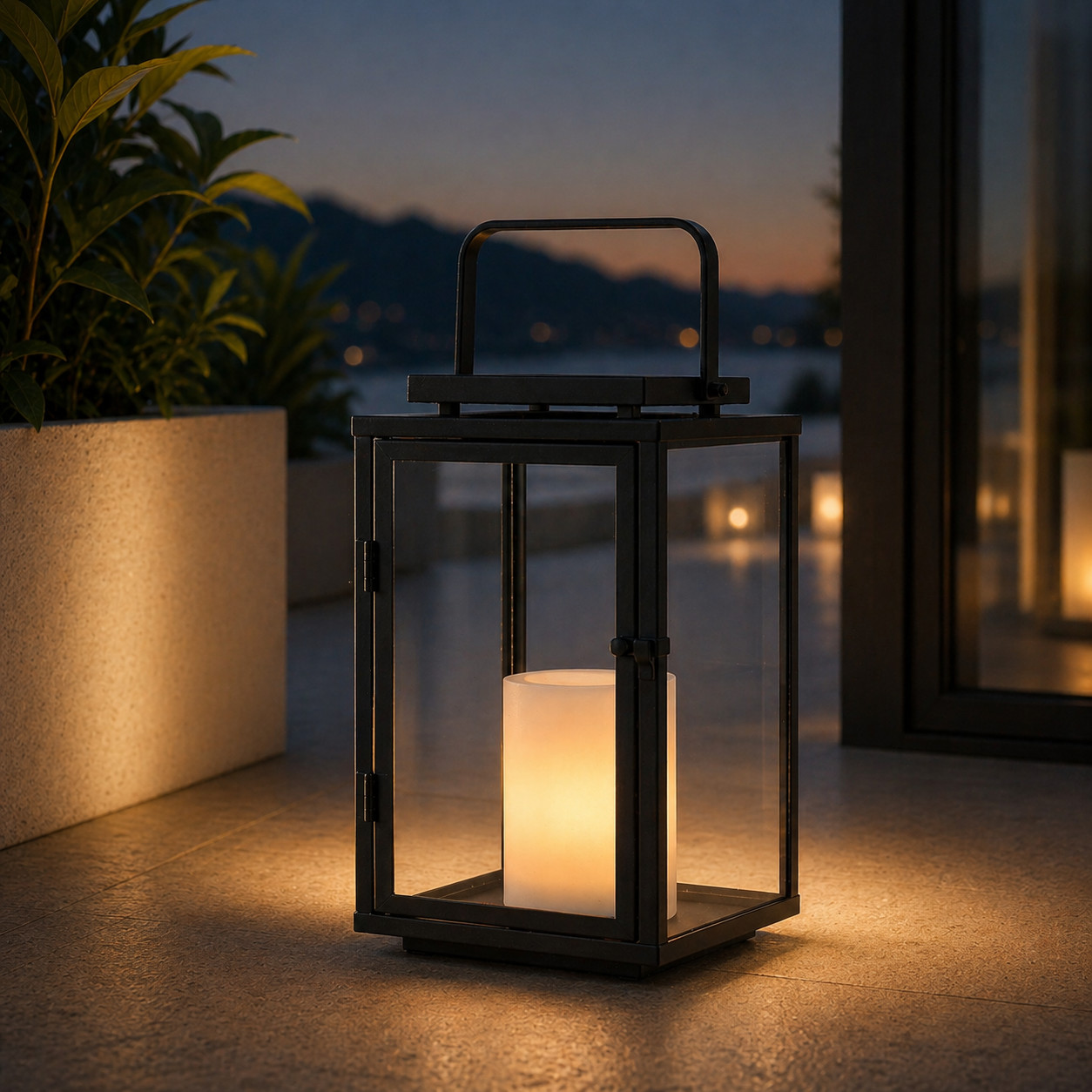 H12" Outdoor Solar Lantern with LED Candle Tempered Glass Minimalist Decorative gallery