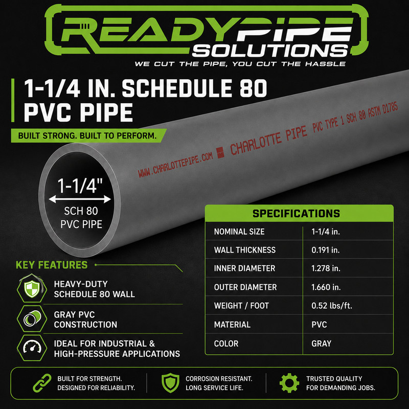 1-1/4" Schedule 80 PVC Pipe | Gray | Custom Cut Lengths 12"-96" | Pressure Rated gallery