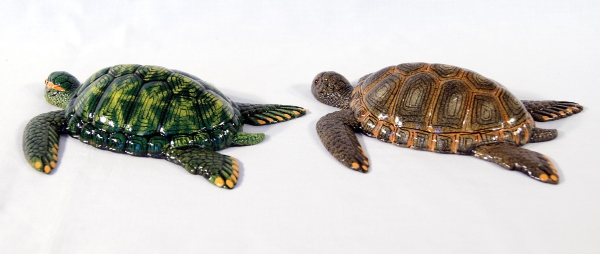 Hand Painted 6" Sea Turtle Wall Mount Decor Sculpture Green Brown (Set Of 2) 17S gallery