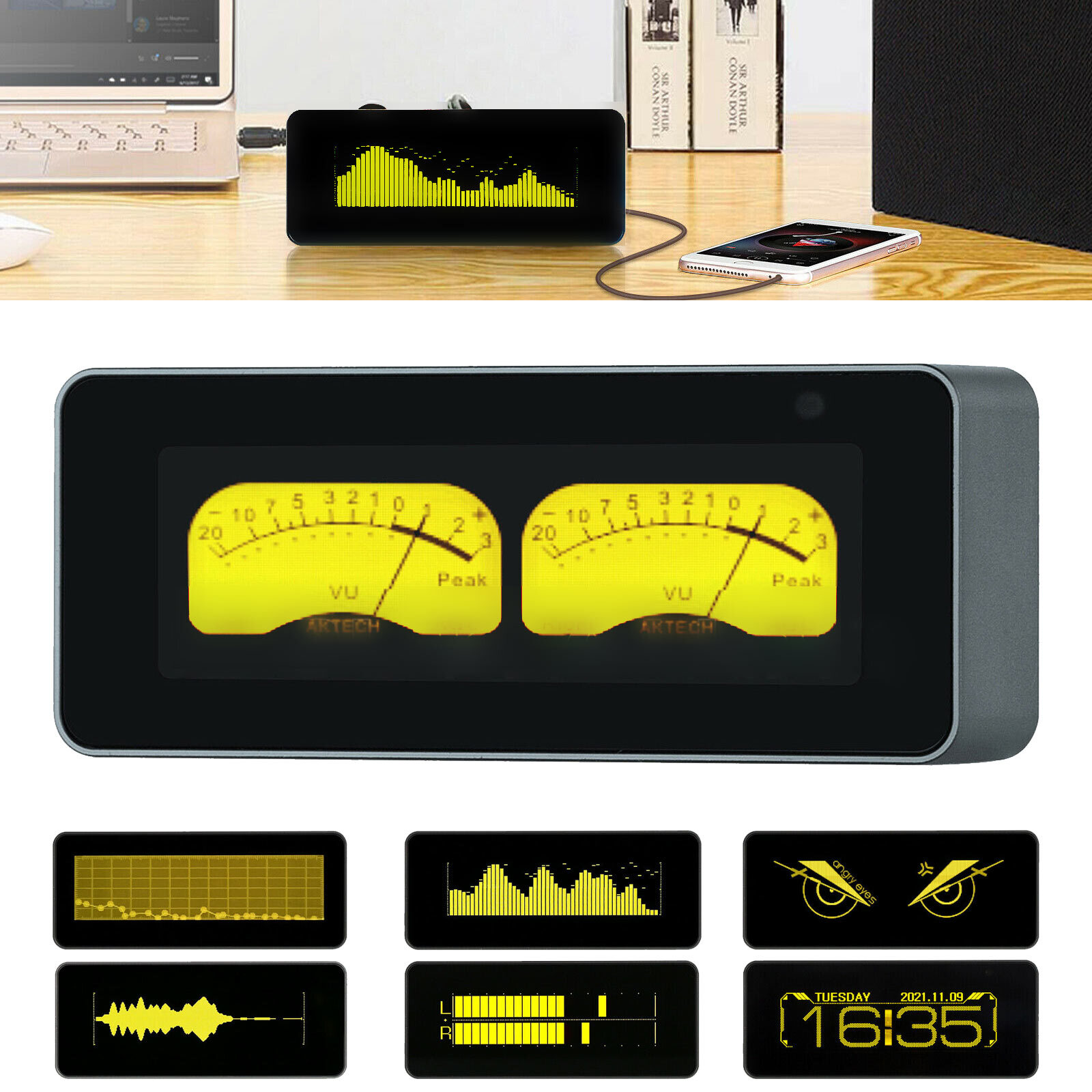 OLED Sound Level VU Meter Audio Spectrum Analyzer Digital Clock Home Decor gallery