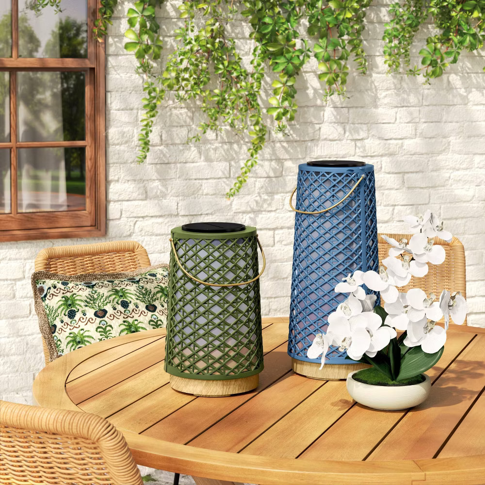 Rattan Battery/Solar LED Outdoor Medium Lantern Heathered Green - Threshold gallery