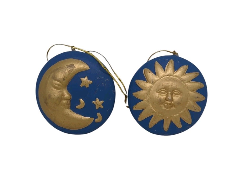 Ceramic Celestial Sun & Moon Ornament Set Blue & Gold 3" Across Double Sided 3D gallery