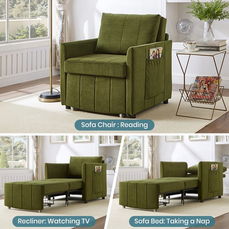Convertible sofa bed W 5 position adjustable backrest and side storage pockets gallery