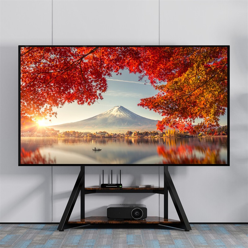 65-100" Universal TV Floor Mount Stand Corner Bracket 2 Wood Shelves Up To 100kg gallery
