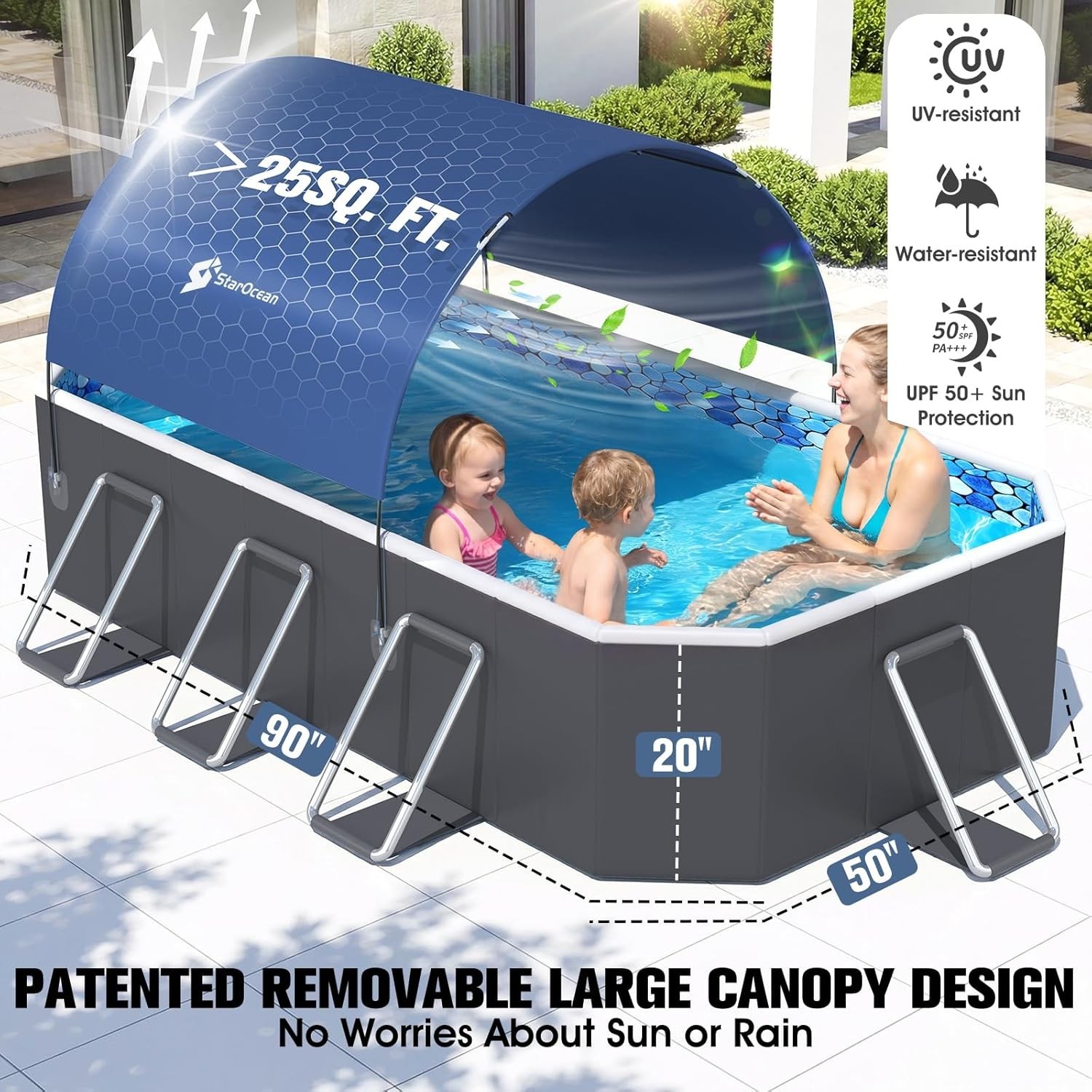 Durable Non Inflatable 90x50x20 Foldable Pool With Canopy For Adults And Kids gallery