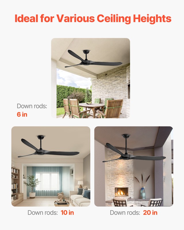 VEVOR 72" Ceiling Fan Remote Control Quiet Reversible DC Motor Wood Blade Black gallery