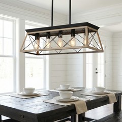 32” Pendant 5 Light Rustic Farmhouse Chandelier Living Room Oak Metal Fixture