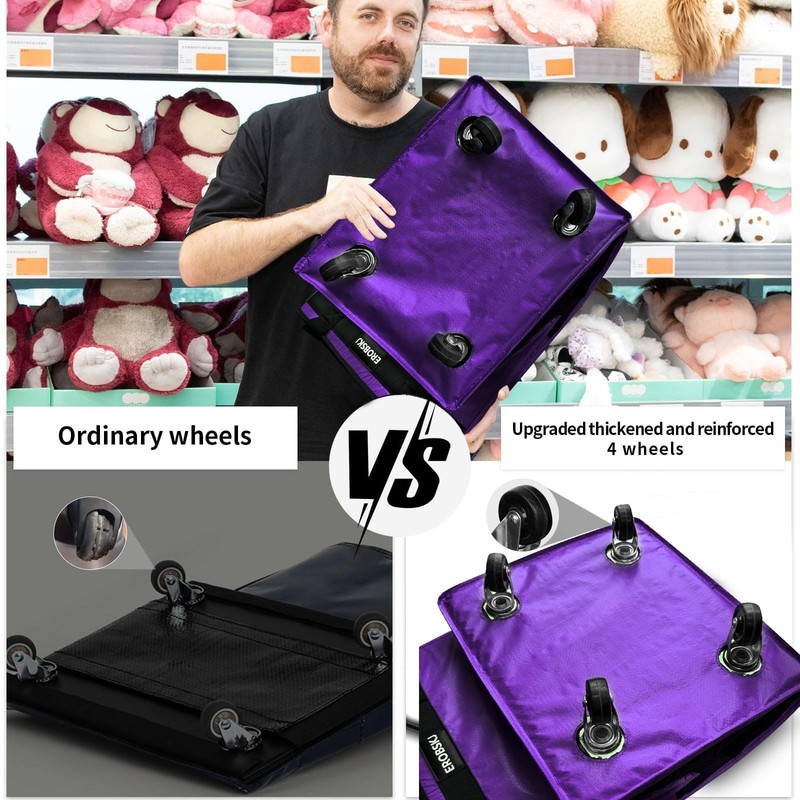 (Medium,Violet) Reusable Grocery Bag on Wheels, 70L Foldable Rolling Tote, Ex... gallery