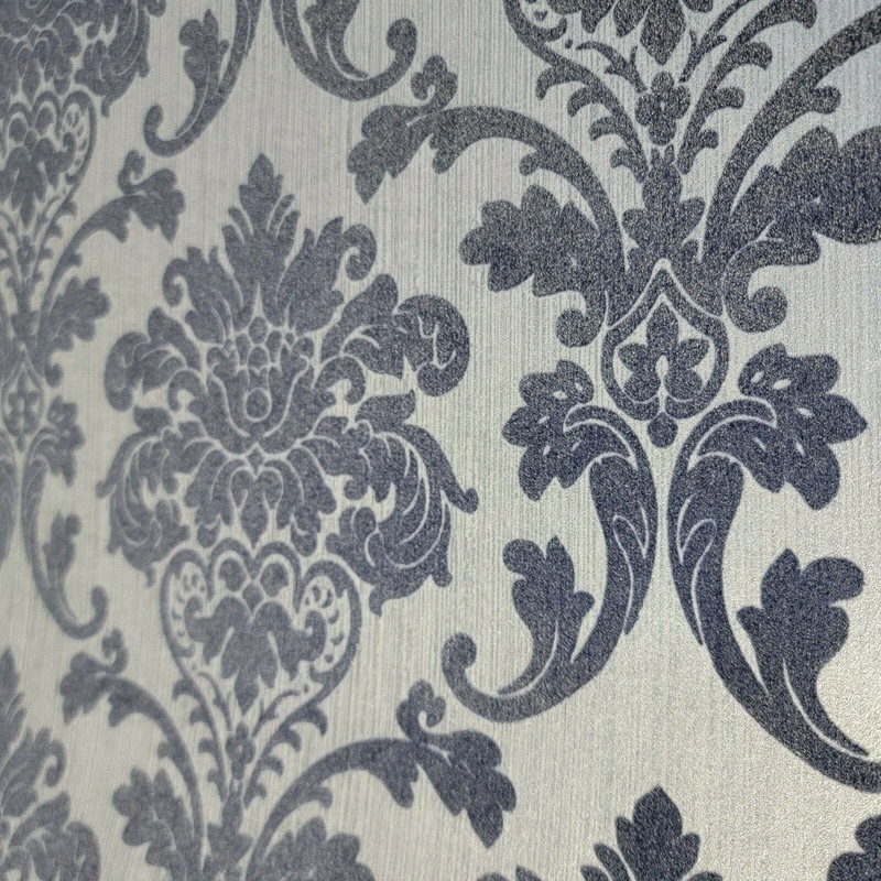 Wallpaper rolls flocking navy blue silver metallic Flocked vintage velvet Damask gallery