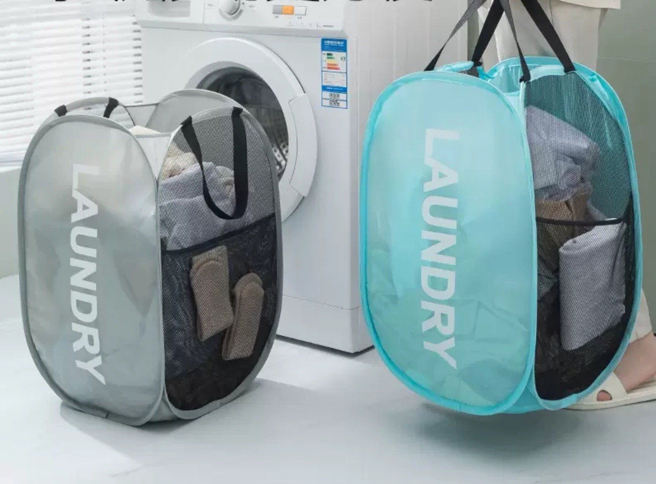 3Pack Mesh Laundry Hampers Collapsible Clothes Hampers (Black+Gray+blue) gallery