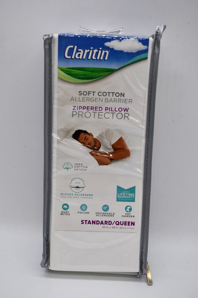 NEW Claritin Zippered Pillow Protector Cotton 20x28" S/Q Allergen Barrier