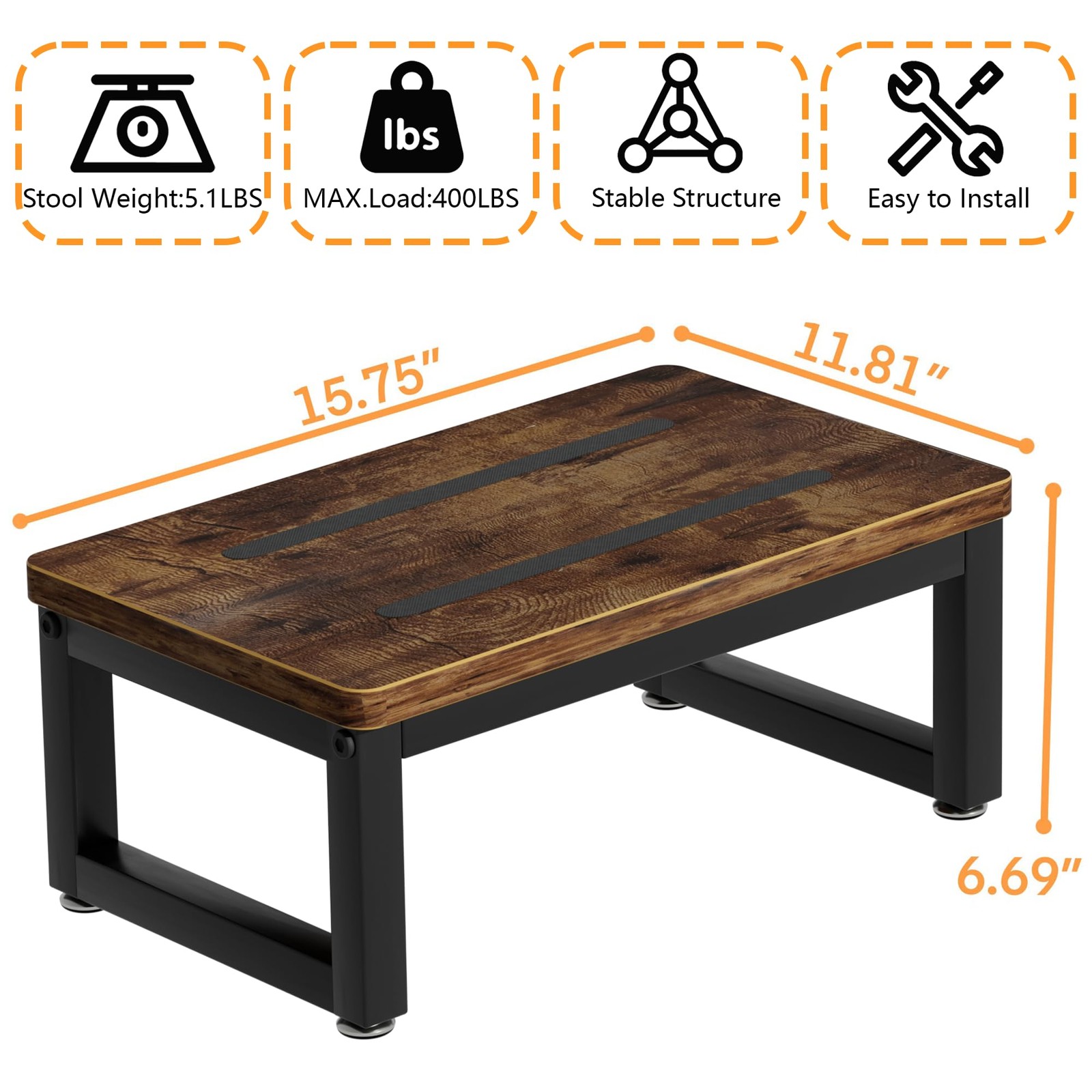 Wooden Step Stool 7 Inch Tall Bedside Foot Stool 400LB Capacity Rustic Brown gallery