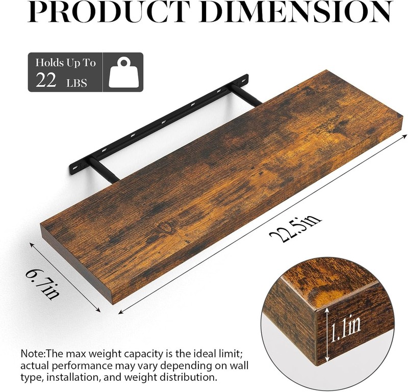 Decorative 2-Pack Floating Shelves - 22.5” Rustic Wood Storage Solution gallery