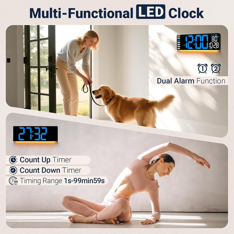 16.5" Large Digital Wall Clock with Remote Control, Auto-Dimming LED Display wit gallery