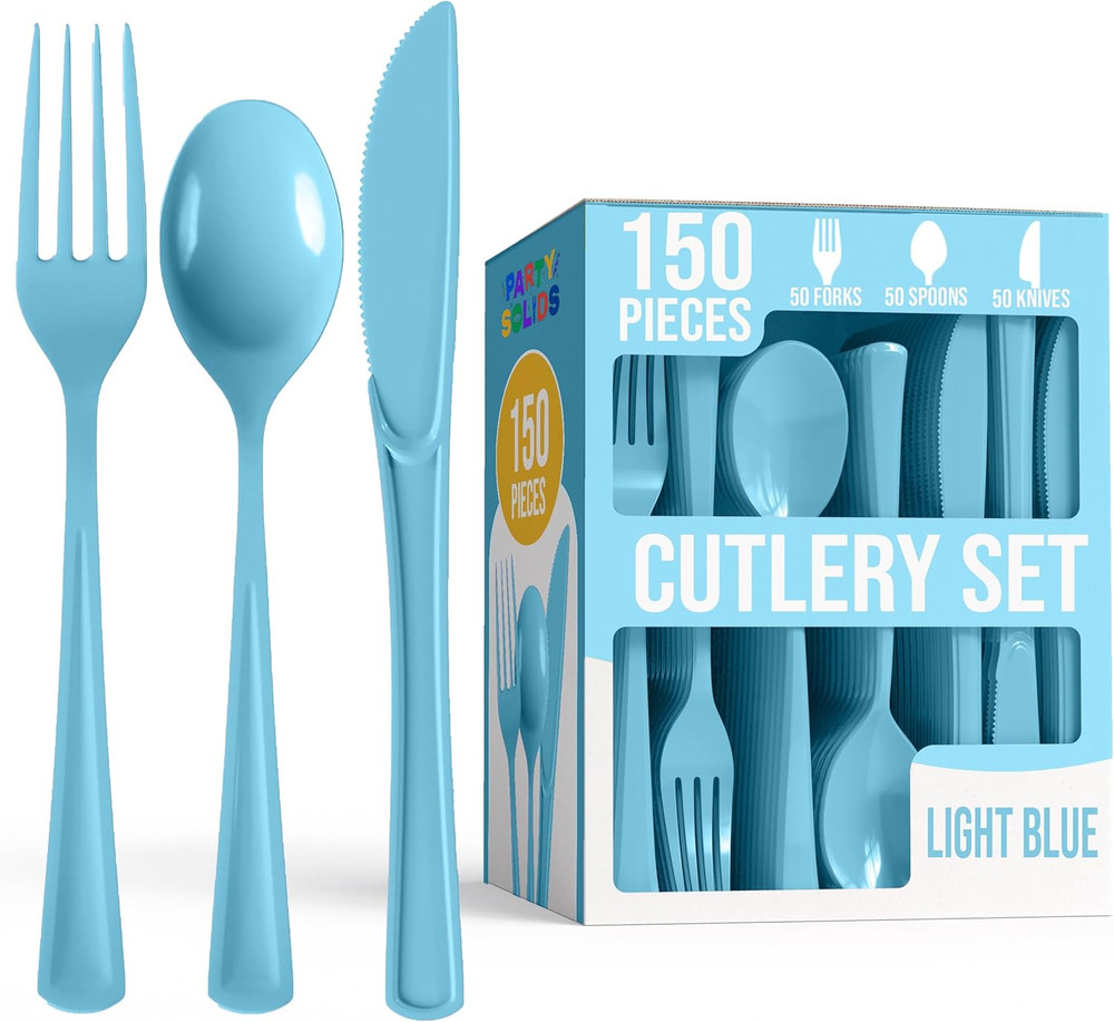 Party Solids Light Blue Plastic Silverware Heavy Duty 150 Pieces Light Blue Disp