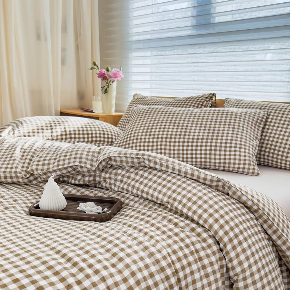 King Size Comforter Set - Tan Gingham Bedding, Brown Grid Design, 3 Pieces (1 Co gallery