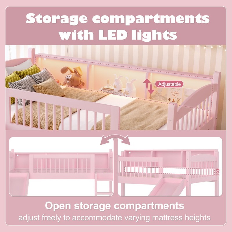 Twin XL Solid Wood Lower Loft Bed with LED Lights and Full-length Guardrails gallery