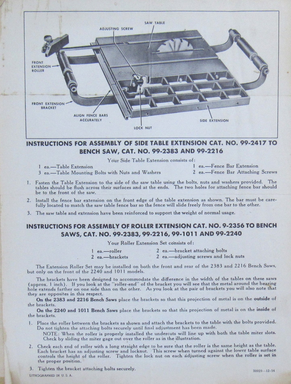 1954 Craftsman Bench Saw Side Table Assembly Original Instructions 99-2417 2383 gallery