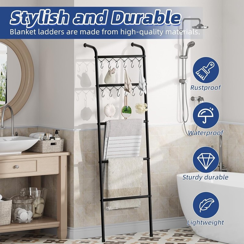 Versatile 79-Inch Blanket Ladder - 5 Tier Metal Rack with 12 Hooks for Any Room gallery