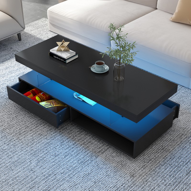 LED Coffee Table with 2 Storage Drawers and Open Shelves High-Gloss Center Table gallery