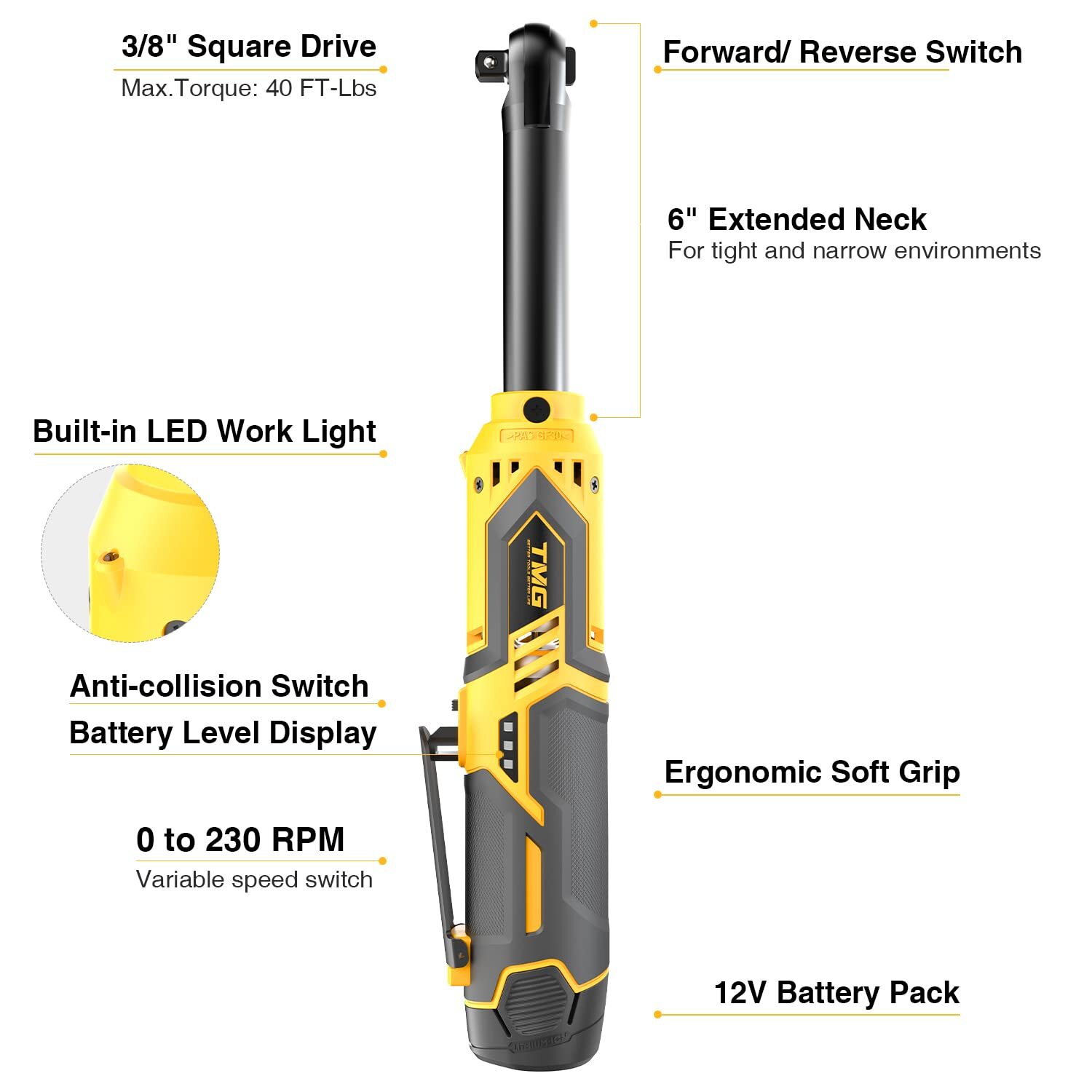 Extended Cordless Electric Ratchet Wrench 3/8" 40 Ft-lbs 12V Long Reach 7 Socket gallery