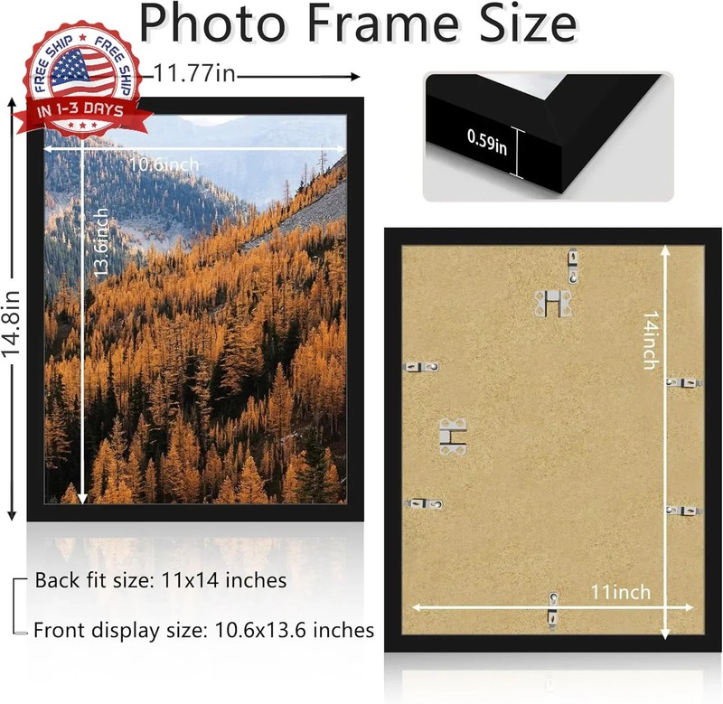 11x14 Picture Frame Black Engineered Wood Shatterproof Panel for Wall Display gallery