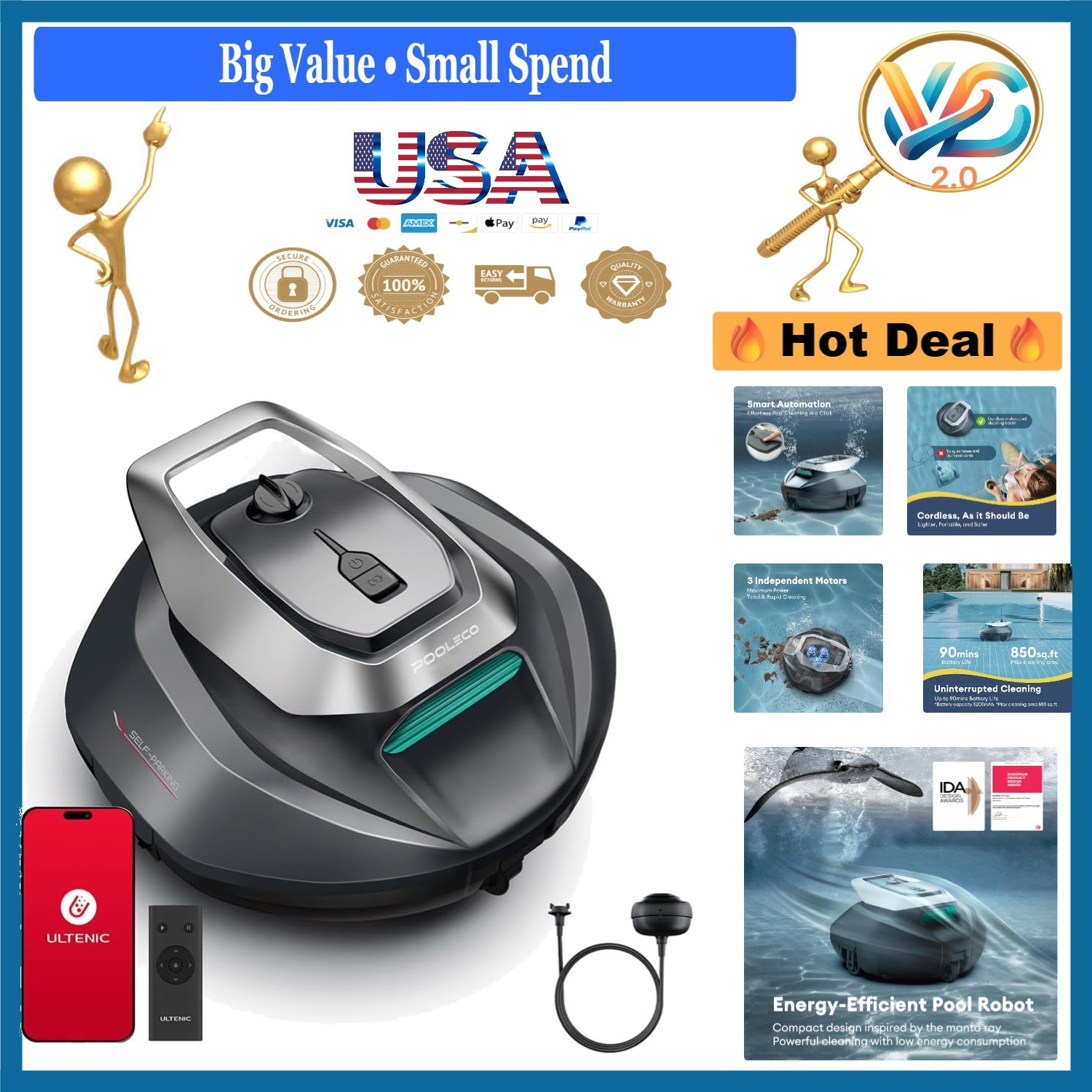 Cordless Robotic Pool Cleaner with Remote Up to 850 Sq.ft 90 Min Battery gallery