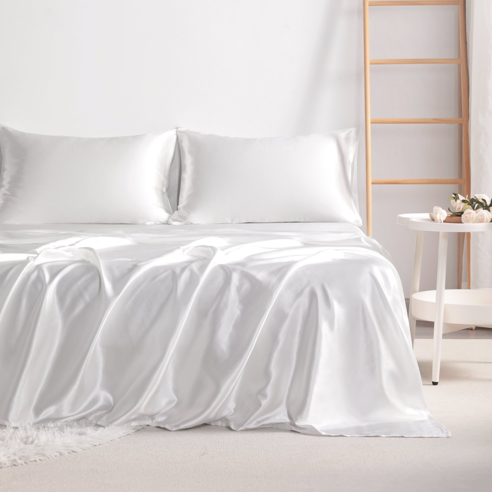 4 Pcs Lustrous Satin Silk Sheet Set Deep Pocket Bed Sheet Wrinkle Fade Resistant gallery