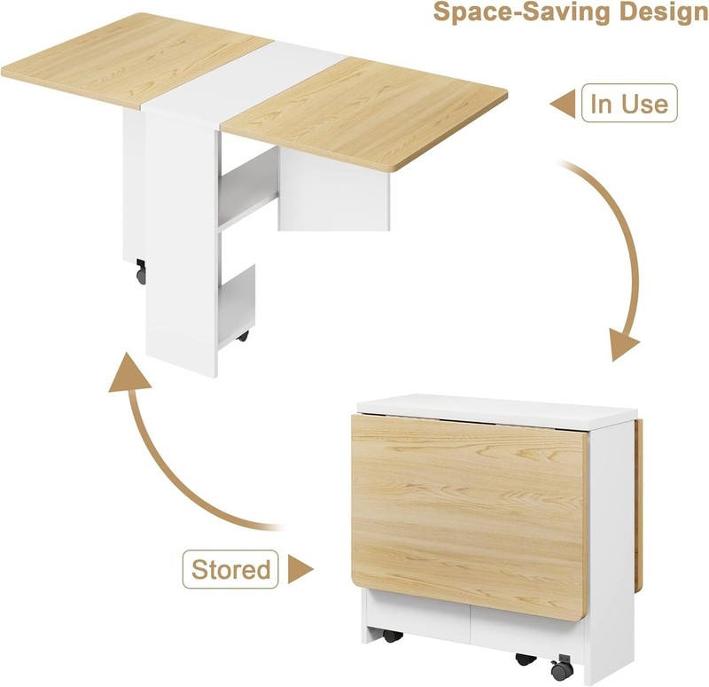 Folding Dining Table with 6 Wheels Storage Racks for Small Kitchen Saving Space gallery