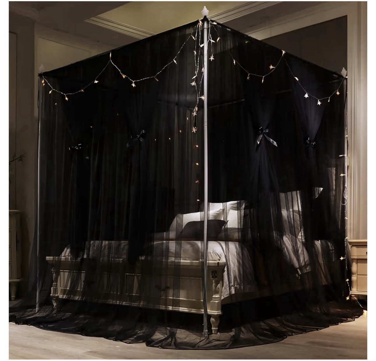 Queen Black Sheer Bed Canopy Netting, Polyester Solid Stars Theme, Tiebacks gallery