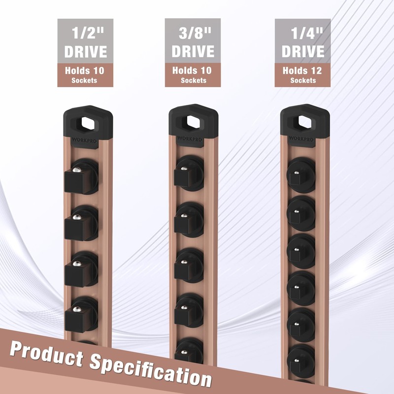 WORKPRO Magnetic Socket Organizer 1/4" Drive 12 Clips Aluminum Alloy Socket Rail gallery