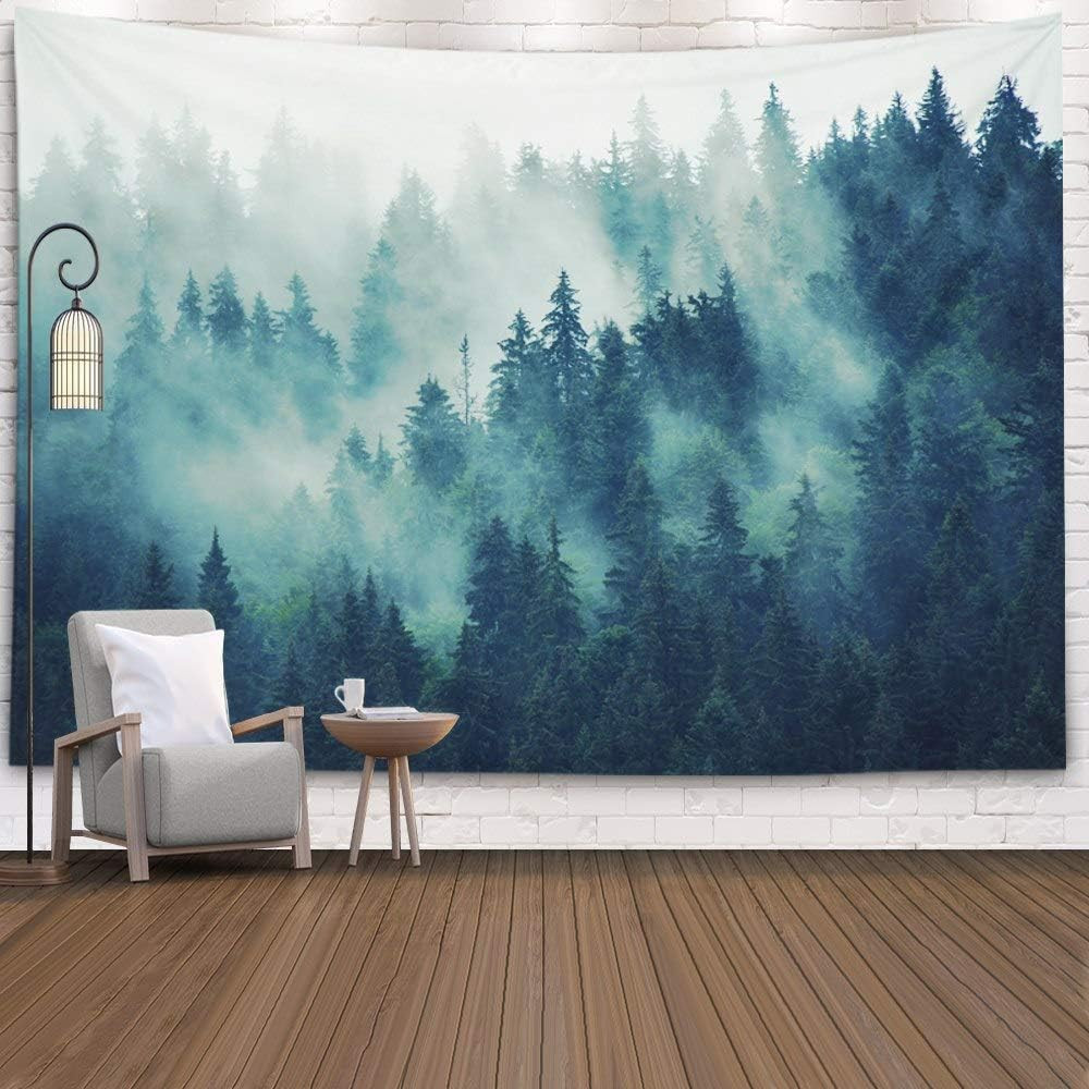 Forest Tapestry Wall Hanging - Green Misty Pine Tree Nature Wall Art, 80X60 Inch