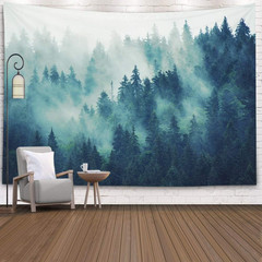Forest Tapestry Wall Hanging – Green Misty Pine Tree Nature Wall Art, 80X60 Inch