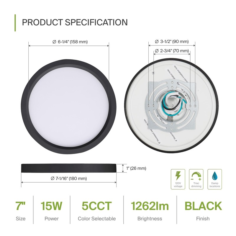 Led 7 Inch Round Flush Mount Ceiling Light Fixture | 15w 1260lm 27006000k 120v | gallery
