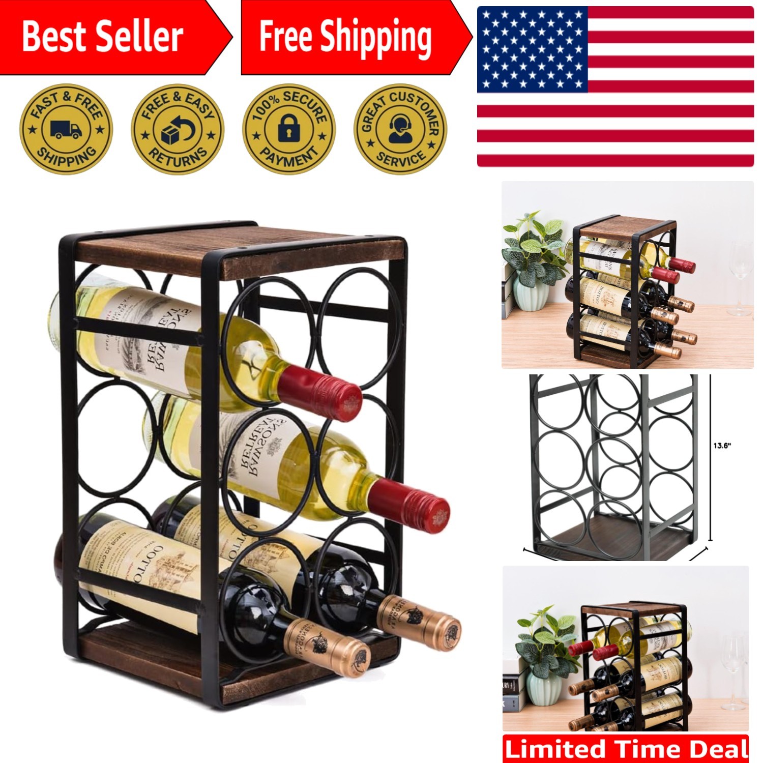 Elegant 6-Bottle Rustic Wood Wine Rack - Perfect for Kitchen & Bar Display gallery