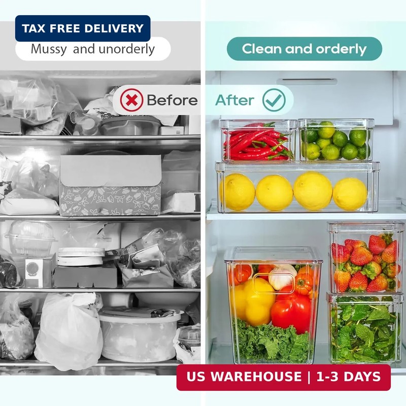 6 Pcs Fridge Organizer Bins Stackable Clear Lid BPA Free Fruit Vegetable Storage gallery