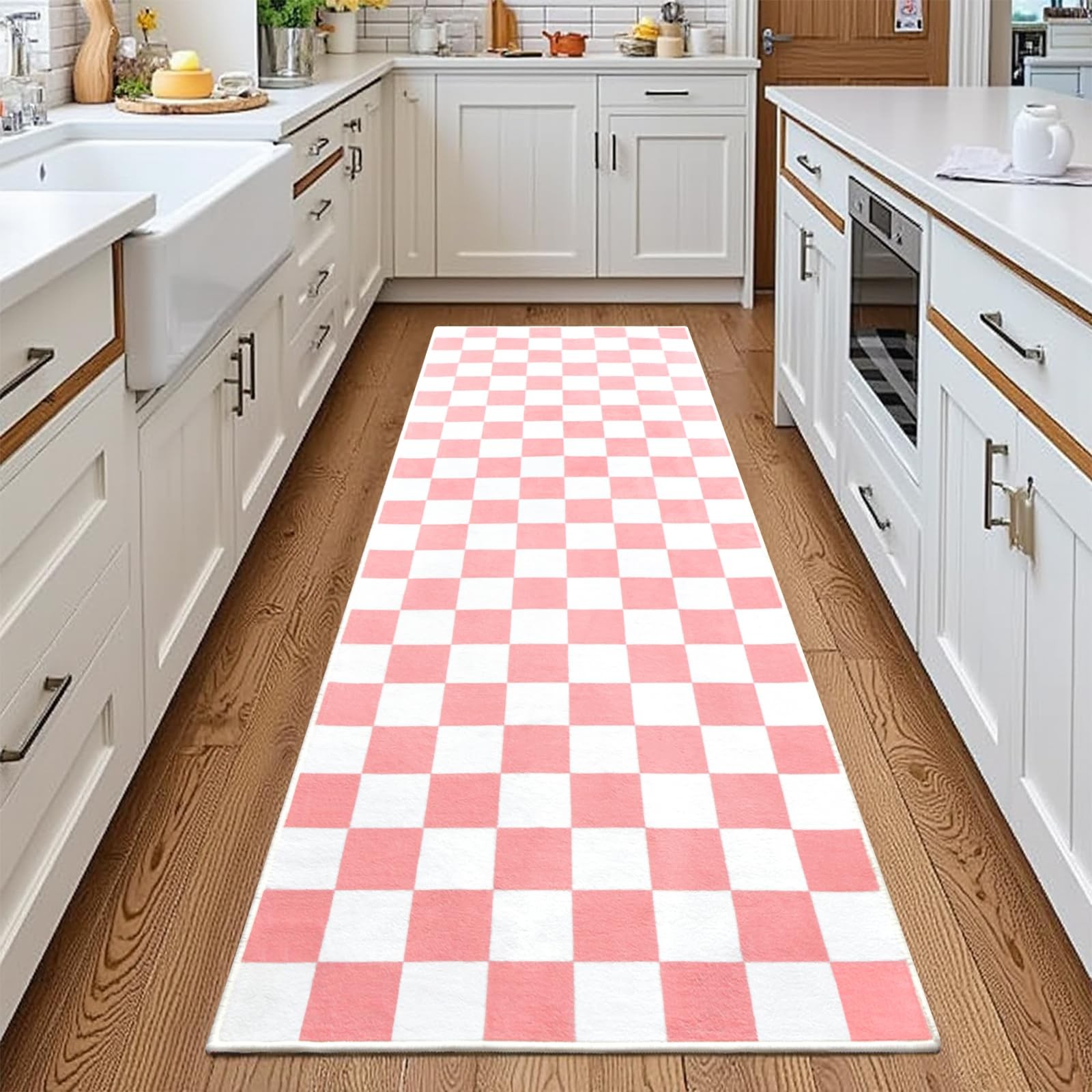 Terrug Pink and White Checkered Area Rug 2' x 6' (Rectangular), & gallery