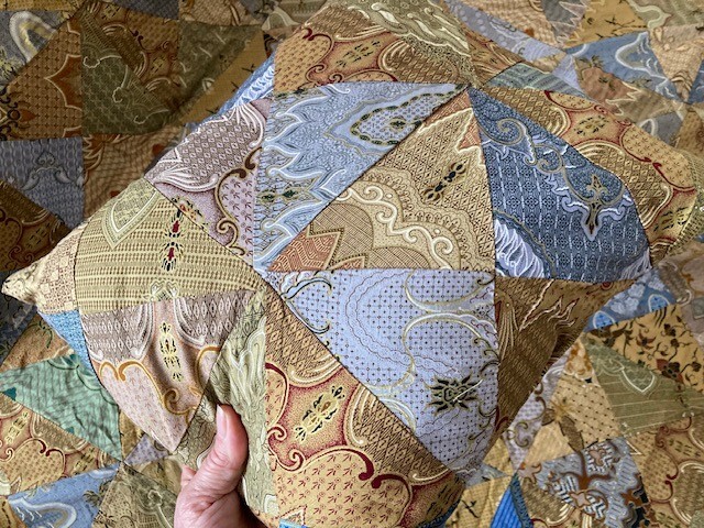 Vtg. Batik Patchwork Cotton/Rayon Quilt with cushion cover, 102" x 55" gallery